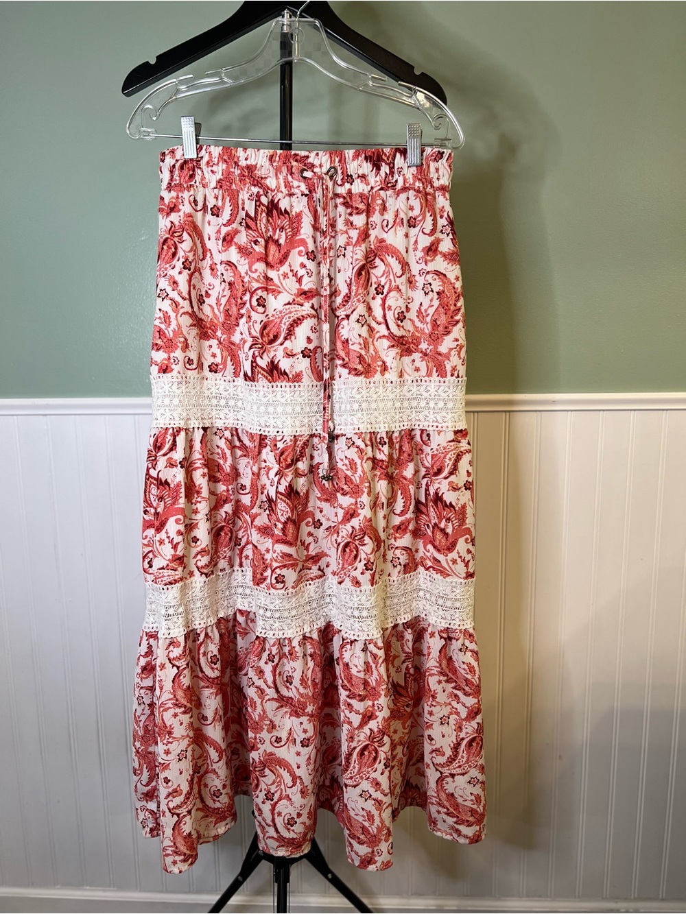 Frye Red Paisley Tiered Maxi Skirt with Cream Lace Panels. Size M